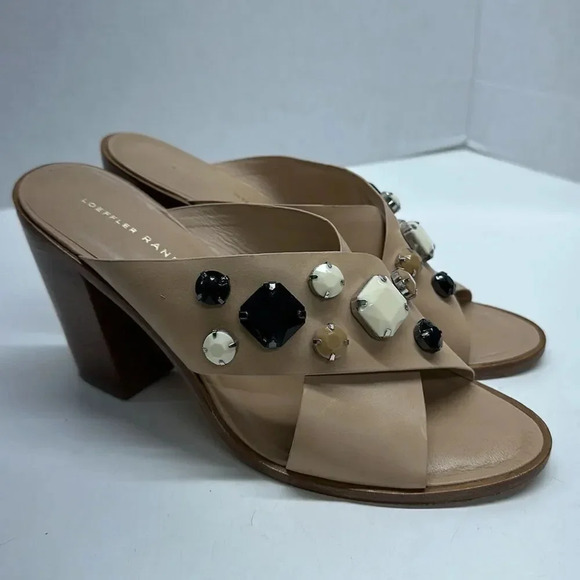 Loeffler Randall Etta Tan Leather Jeweled Block Heel Open Peep Toe Mules Size 11 - Picture 6 of 10